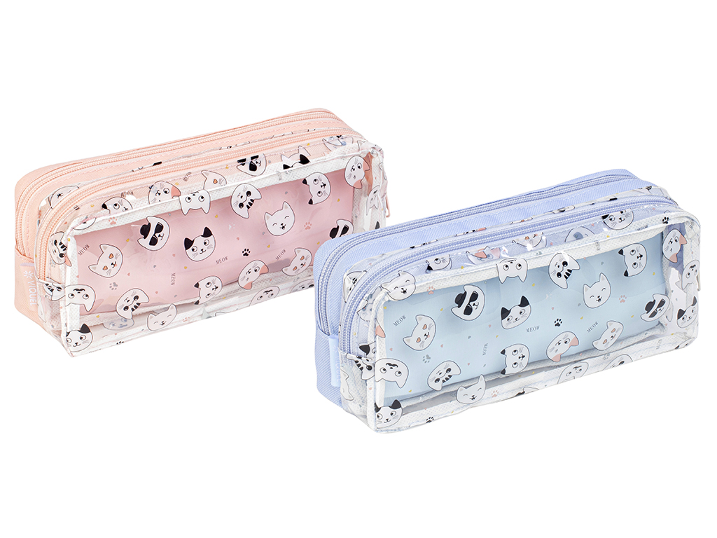 Pencil case Viquel square double zip Miaou assorted